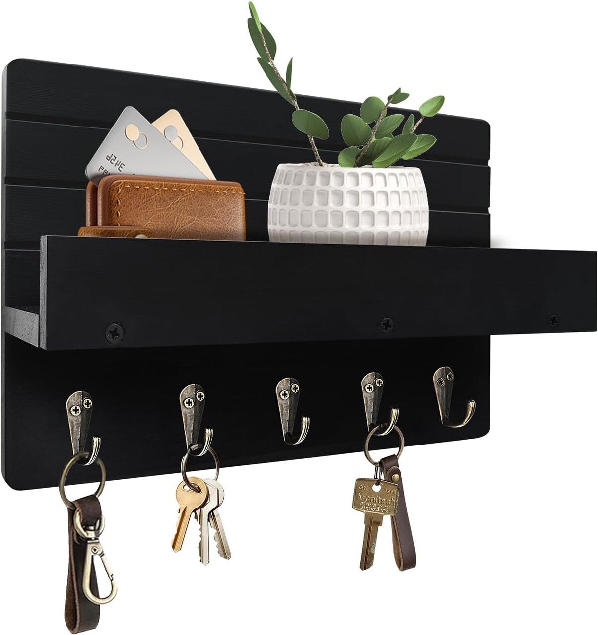 Rustic Wall Key Holder with Shelf – Entryway Key Rack with 5 Sturdy Hooks for Keys, Dog Leash, Sunglasses, and Mail Organizer